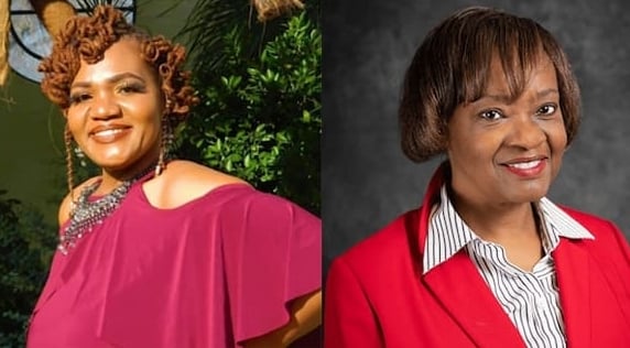 Portrait photos of Daysha Lewis and Stacey Daniels-Young, PhD, are positioned next to each other. Daysha (left) is wearing a magenta top. Dr. Daniels-Young is wearing a stripped shirt with a collar and a red blazer.