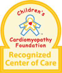 yellow badge with child outline in center. Children's Cardiomyopathy Foundation, Recognized Center of Care.