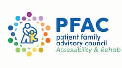 Graphic of four hands reaching for a heart and the words: PFAC patient family advisory council ACCESSIBILTY & REHAB